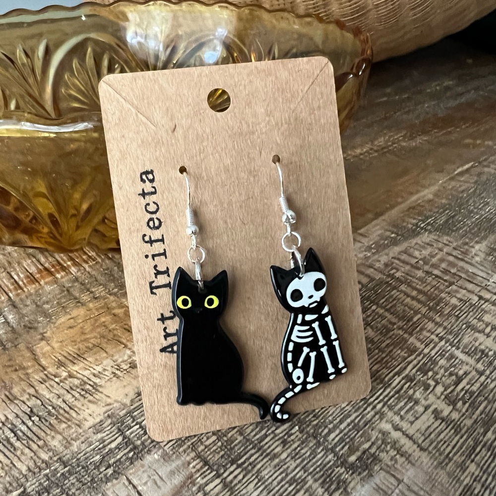 ArtTrifecta Black Cat Skeleton Earrings with hypoallergenic hooks